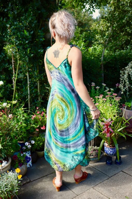 Trendy green dress with a spiral pattern and flowers. 2 layers thin soft cotton.