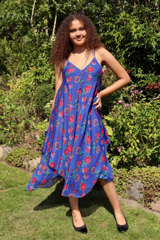 Colorful dress in blue with red/pink floral print. Loose fit cotton material in 2 layers