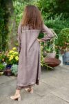 Dusty brown maxi long dress with rose colored print and laces at the upper back and underskirt