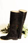 Black handmade leather boots with black floral motifs. Long-shafted
