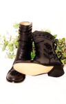 Short black leather boots with black floral embroidery. Handmade suzani design