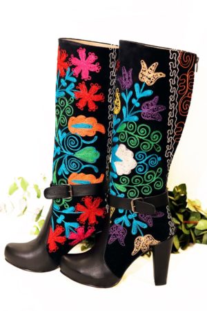 Unique and colorful handmade boots in Suzani textile and leather. High heels and riding boot straps