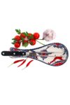 Decorative ceramic spoon holder with blue,purple and red floral motifs on a white backdrop. Leadfree