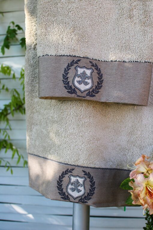 Handmade embroidery on a classy towel border in beige and khaki colors