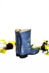 Handmade blue midcalf leather boots with embroidery