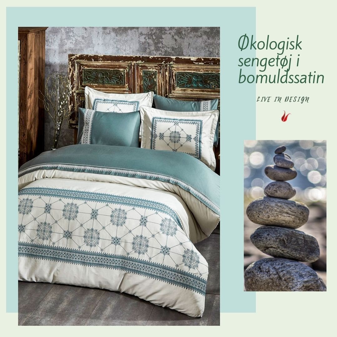 Luksus sengetøj med motiver i 100 % blød bomuld og meditativt billede af sten med vand i baggrunden